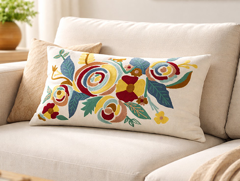 A rectangular cream-colored lumbar pillow featuring a large, vibrant floral embroidery in the center.